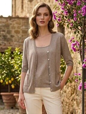 Adrienne Vittadini Women's Taupe Silk Blend Camisole Cardigan Set Size Medium